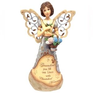 Elements RARE Grandma Angel with Flowers Collectible Figurine-Tan/Silver EUC